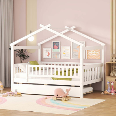 Wooden House Bed With Twin Size Trundle