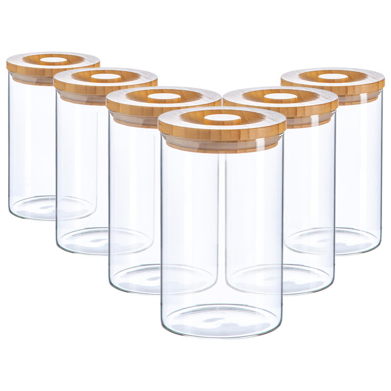 Argon Tableware - Glass Scandi Storage Jar with Wooden Lid - Set of 6, 15.5cm H x 10cm W x 10cm D