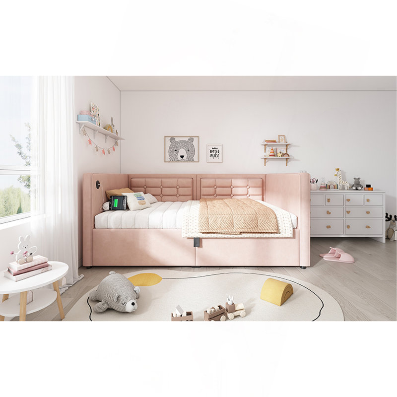 Upholstered Twin Size Daybed, Hydraulic Storage Twin Bed Frame With USB & Type-C Charging, Bed Frame With Wooden Slats And Tufted Sofa Back, Velvet (Without Mattress)