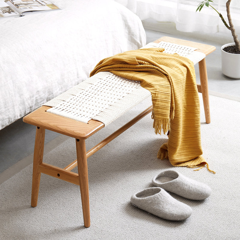 Design Natural Oak Wood Dining Bench Bed Bench For Dining Room, Bedroom, Bathroom (White)