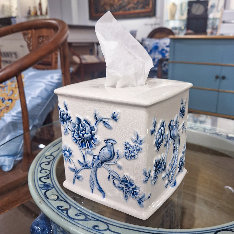 Tissue Box Cover, Blue/White