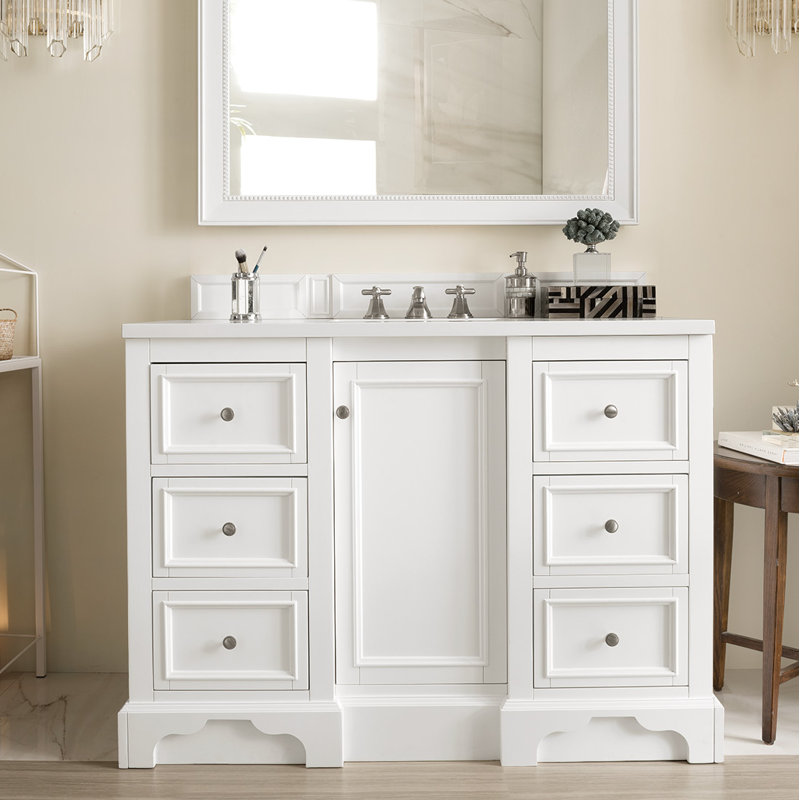 De Soto 48'' W Single Vanity, Bright White, Carrara White Marble, 8" Widespread