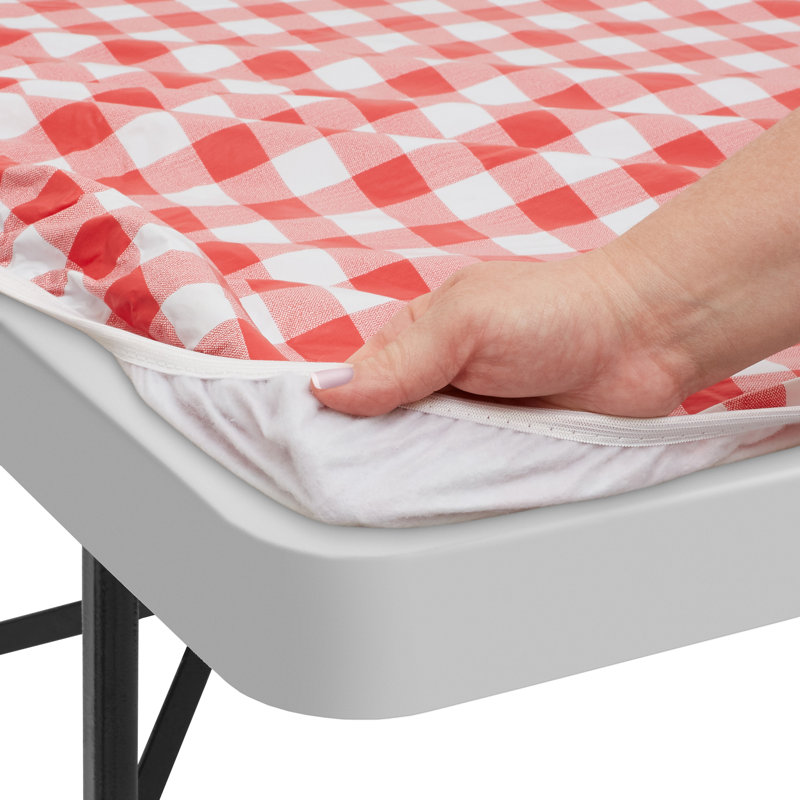  Fitted Vinyl Tablecloth W/ Flannel Backing, Checkered, 48" x 30", Red/White