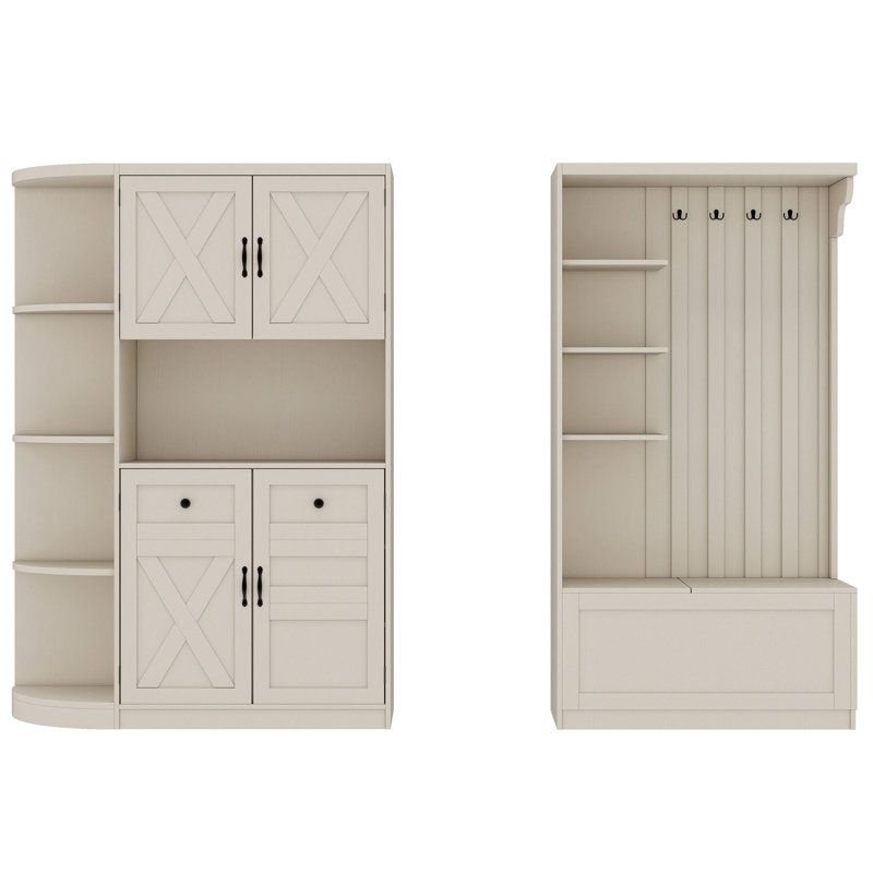 Modular L-Shaped Entryway Hall Tree?&?Storage Cabinet Set,?4?Hooks,?Shelves?&?Flip?Drawer Organizer?for?Hallway