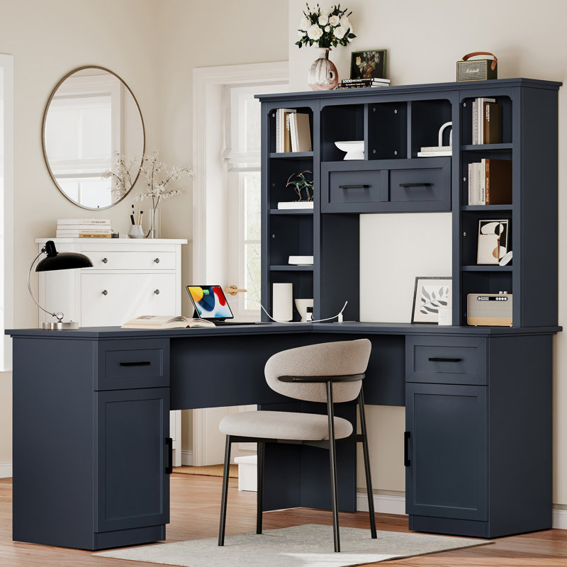 Bureau en L Farmhouse pour bureau à domicile, Bleu antique