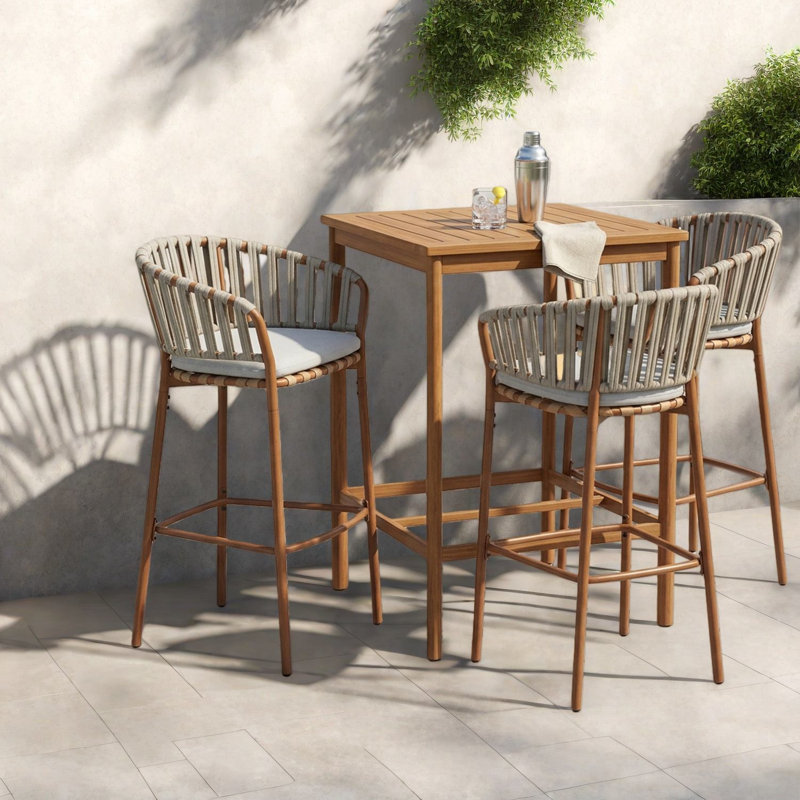 Ensemble de bar de patio en métal durable, finition teck et style moderne pour l'extérieur