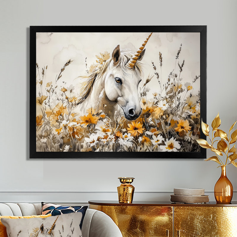 Décoration murale licorne dans la prairie fleurie I - licornes, H 12 po x l 20 po, Noir
