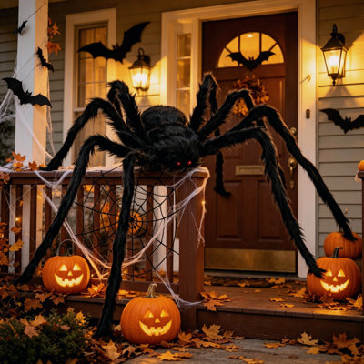 59,06 pouces réaliste noir en peluche araignée géante décor d'Halloween avec pieds en fil pliable effrayant yeux rouges effrayant jouet de fête pour la cour intérieure