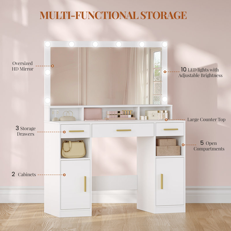 Dressing Table with Large Mirror, Vanity Desk with Mirror LED, 3 Light Colors, Makeup Desk, 3 Drawers, 2 Storage Cabinets, 5 Open Compartments, 40 × 108 × 140 cm, for Bedroom, White