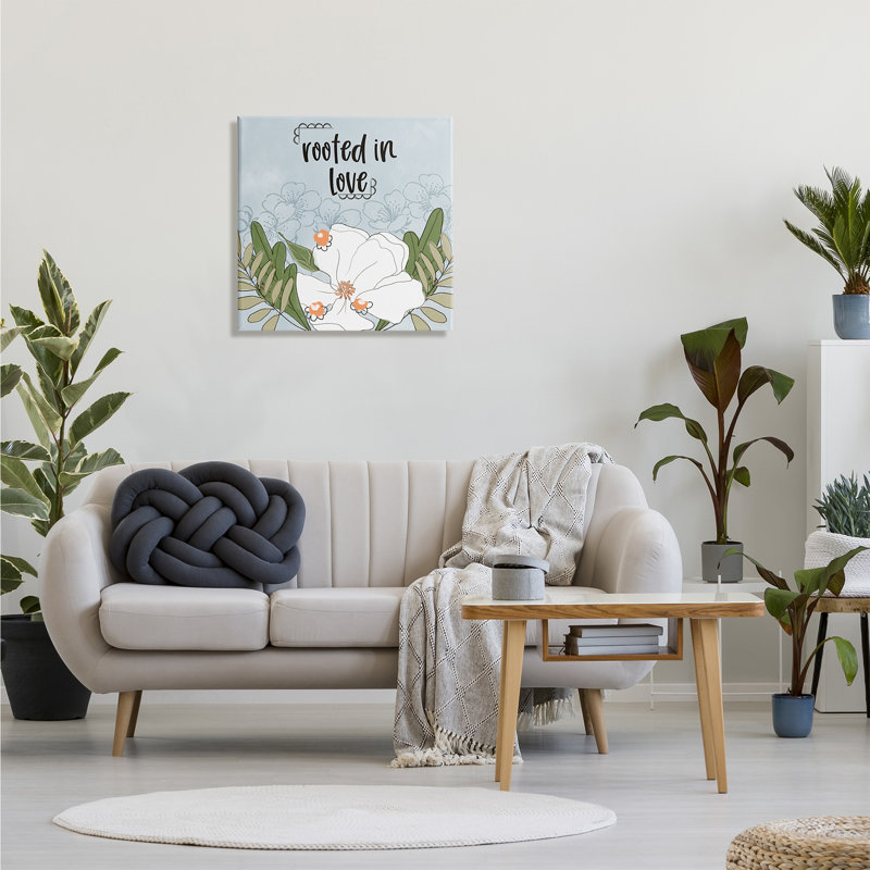 «Rooted In Love», phrase fluide, fleur blanche, H 17 po x l 17 po, Toile tendue