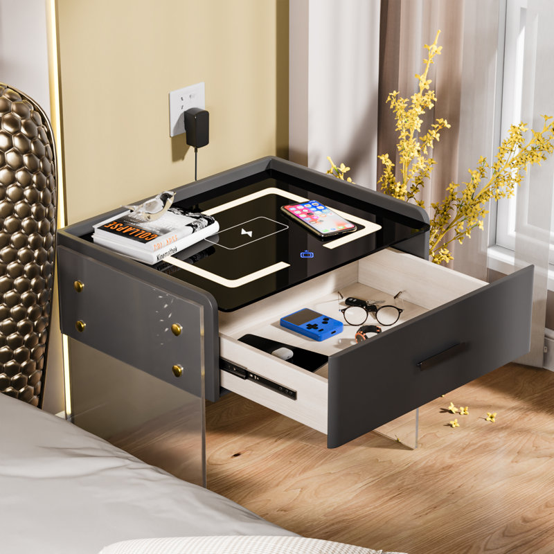 Cyani 1 - Drawer Nightstand with Wireless Charging, LED Lights, Bluetooth Player & Sensor Light, Gray