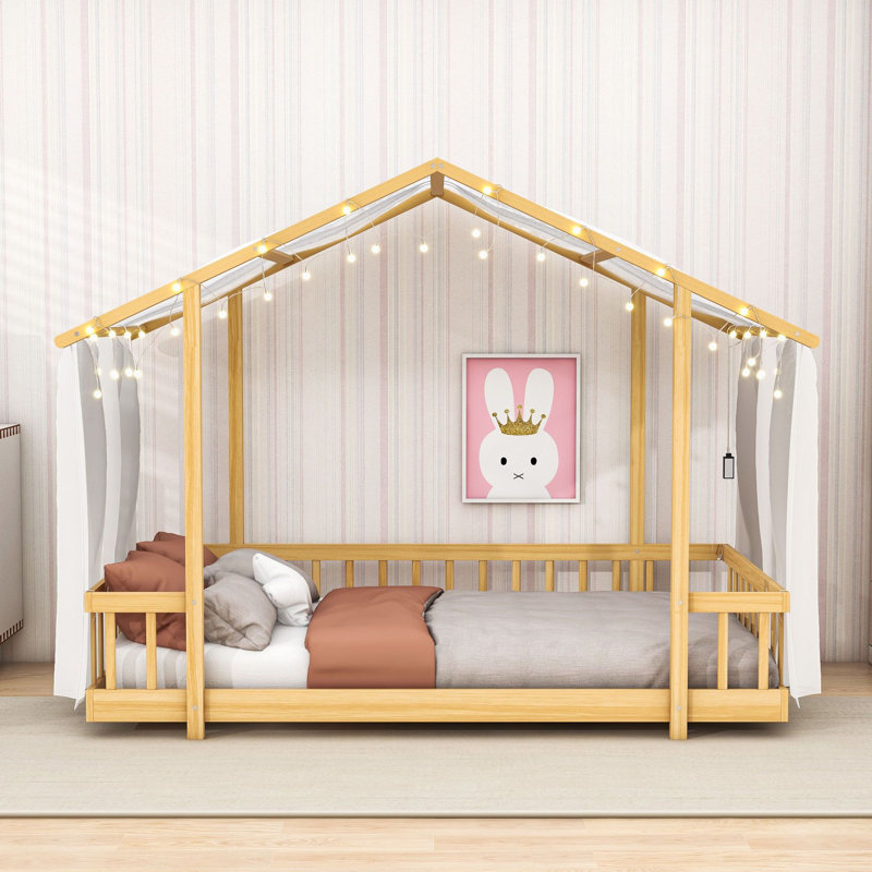 Lit plateforme en bois avec baldaquin en tissu transparent et guirlande lumineuse, Twin, Naturel
