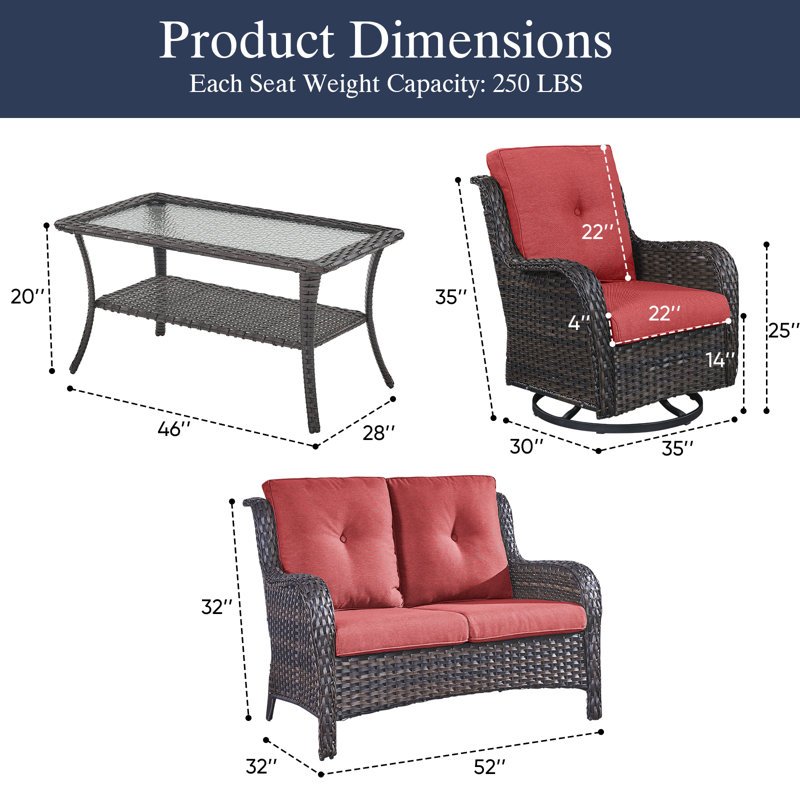 Carolina 4-Person Square Outdoor Conversation Set With Loveseat And Swivel Glide Chair, Brown, Red