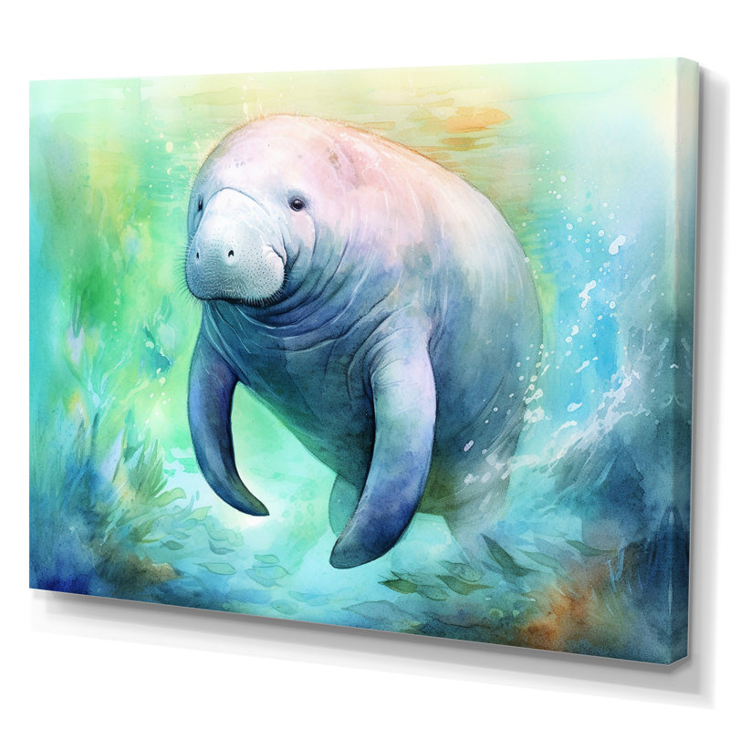 Gentle Manatee I - Art mural lamantin, H 24 po x l 32 po x P 1 po, Toile tendue
