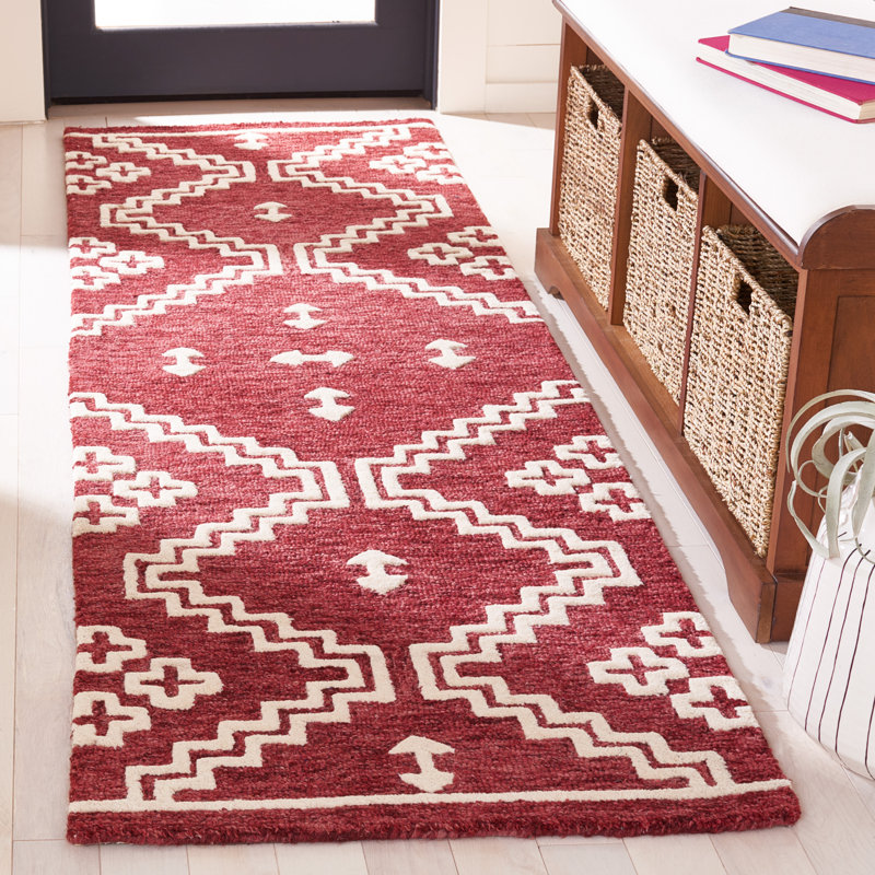 Ivory and Red Handmade Wool Abstract Tufted Rug, 5' x 8'