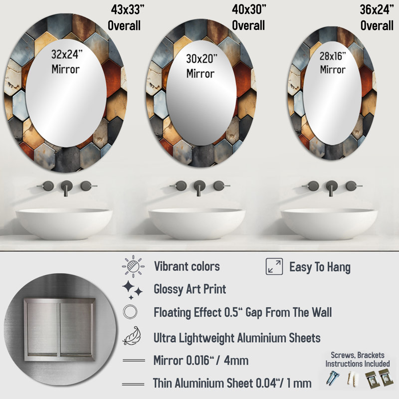 Tymvou - Miroir décoratif géométrique ovale sur métal, H 36 po x l 24 po