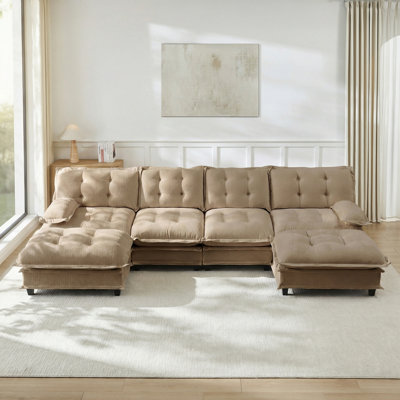 Canapé modulaire en U modulaire en U avec 2 repose-pieds, canapé à 4 places en chenille profonde avec coussin en treillis confortable, chambre et appartement