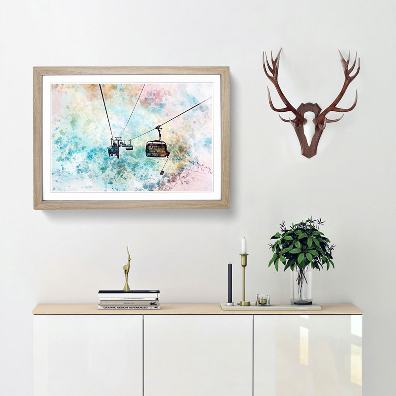 Riding the Ski Lift in Abstract - Picture Frame Painting Print, 60cm H x 91cm W x 2cm D, Oak