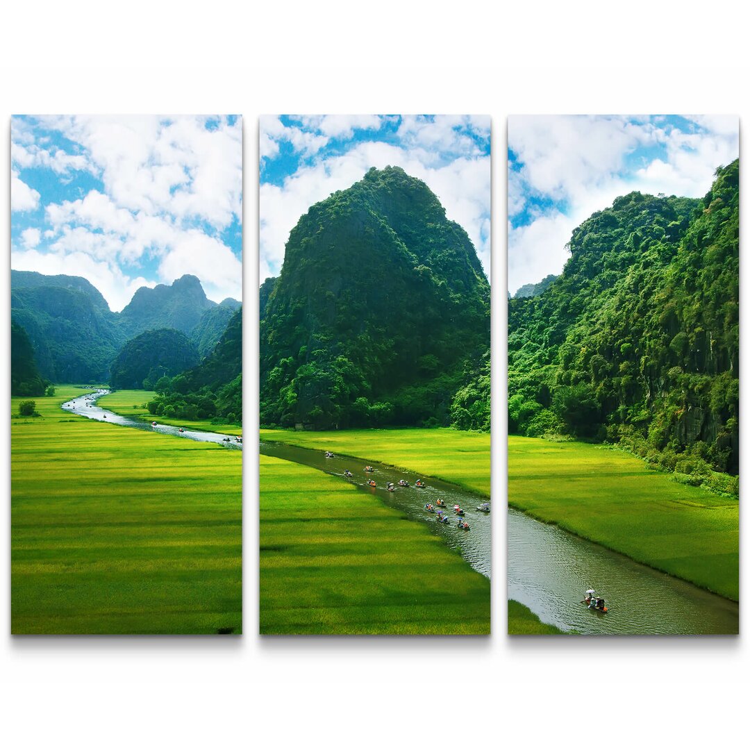 3-tlg. Leinwandbilder-Set Fluss NinhBinh mit Reisfeldern und Bergen - Thailand