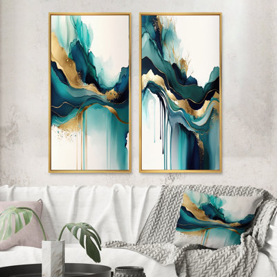 Teal And Gold Abstract Expression II - Abstract Liquid Ink Wall Art Set of 2 Piece