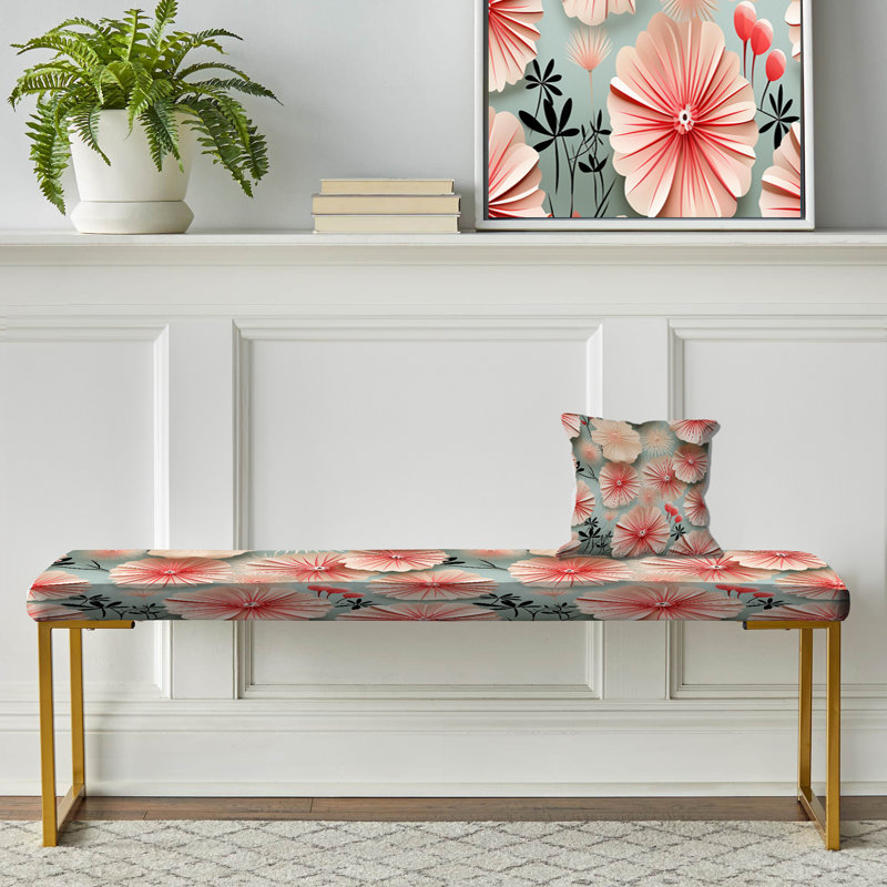 Pink Seashell Delight Coastal Pattern - Floral Upholstered Gold Bench