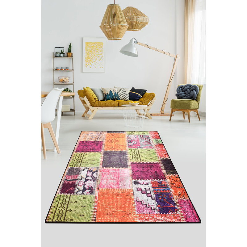 Tapis géométrique rose / vert en coton tissé à la machine Mavis, Rectangle 2 pi 7 po x 3 pi 11 po