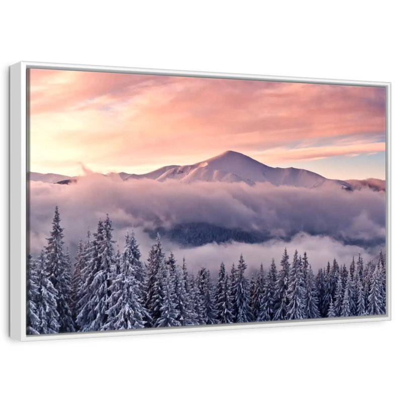 Mont enneigé au coucher du soleil, Cadre flottant blanc, 37 po x 25 po
