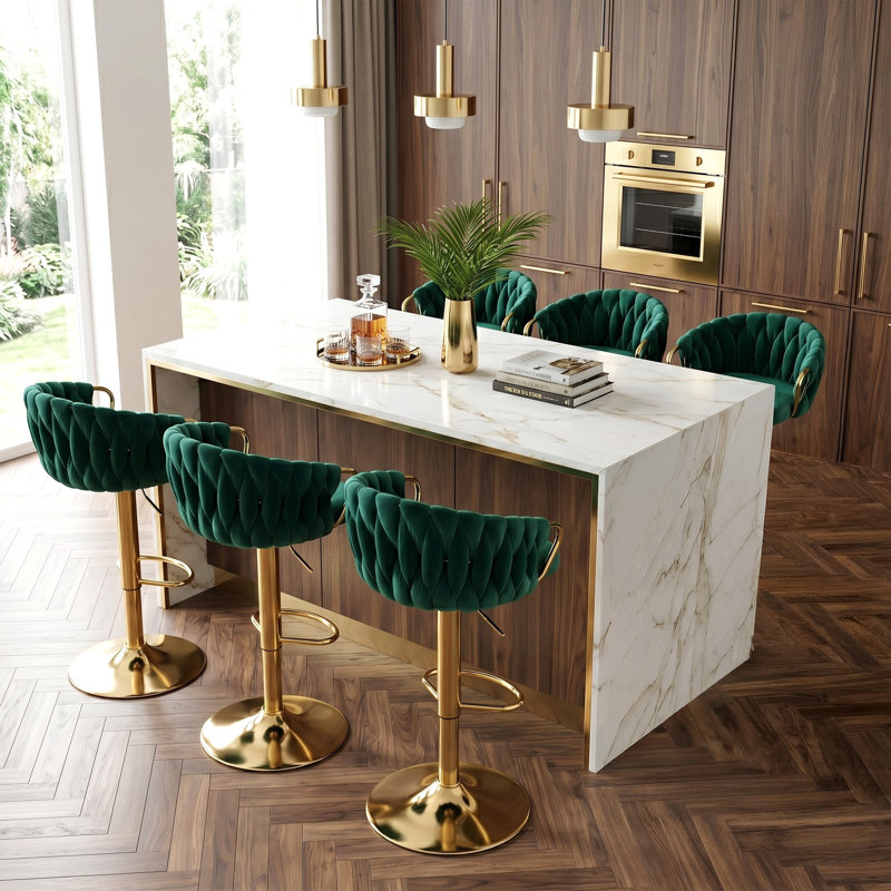 Swivel Upholstered and Velvet Bar Stool, Dark Green