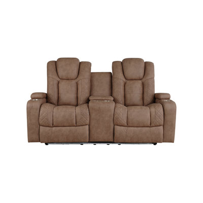 Causeuse inclinable électrique double avec console centrale, appuis-tête électriques, accoudoirs de rangement, porte-gobelets et éclairage DEL, brun clair
