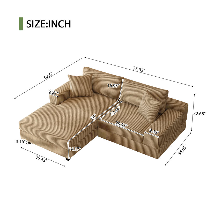 73.62" L-shaped Modular Sectional Sofa 2-Piece Corduroy Upholstered Couch With Chaise Set & Pillows, Tan Corduroy