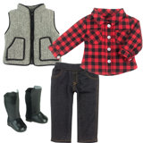 Doll Checkered Shirt, Jeggings, Herringbone Print Vest and Boots