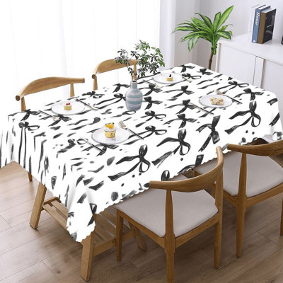 Monochrome Black Bow Print 60 x 120 in Tablecloth with Wavy Edges, Home Dining, House Gatherings