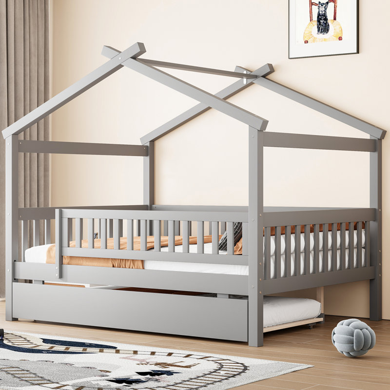 Imaginative Kids House Bed With Pull-Out Trundle For Space Saving, Gray, Full