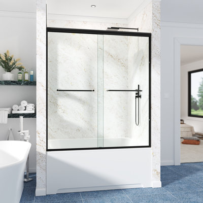 Porte de douche coulissante double semi-sans cadre de 62 à 67 po L x 66 po H avec verre trempé clair de 1/4 po (6 mm), film incassable, roulettes réglables, poignée réversible et repère de perçage.