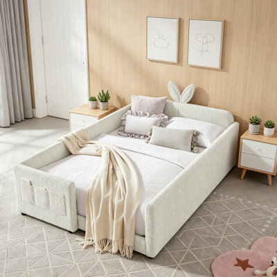 Full Size Upholstered Platform Bed with Rabbit Ear Headboard, Safety Rails & Storage Pocket, Soft Boucle Fabric, Beige
