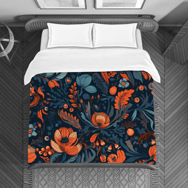 Machine Printed Duvet Cover, Queen Duvet Cover, Navy/Orange