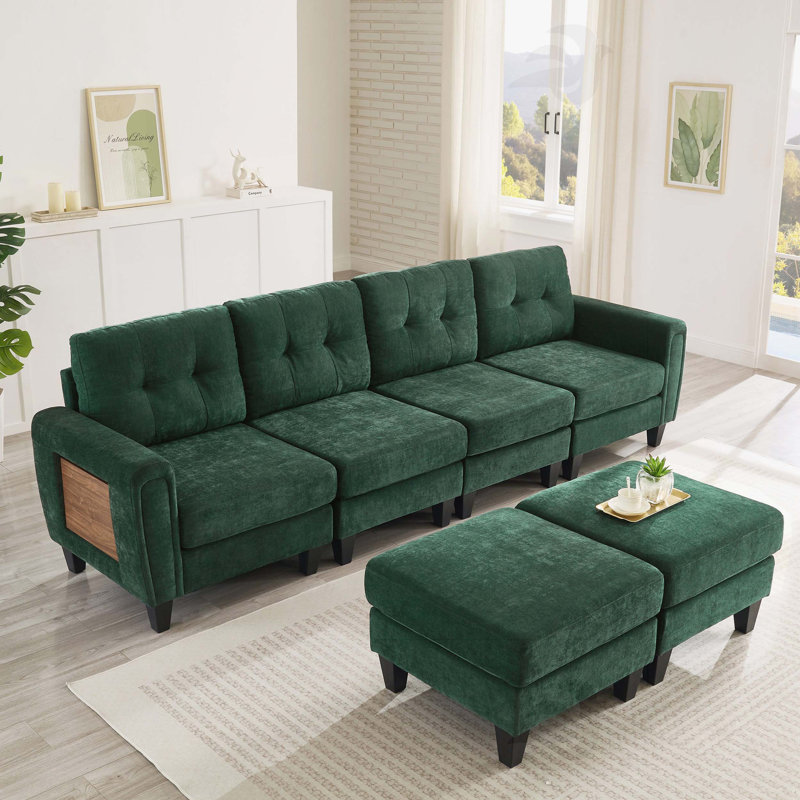 Canapé modulaire moderne en U de 115 po avec deux repose-pieds mobiles, ports USB et tables d'appoint pour le salon, vert