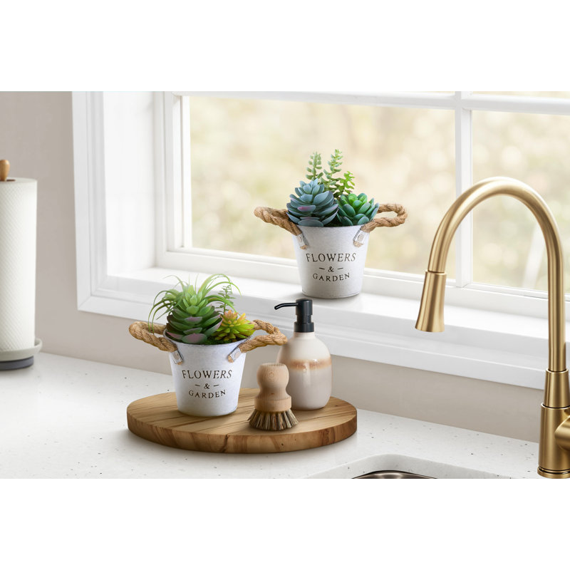 Plantes artificielles, ensemble de 2, 7 po de hauteur, plante grasse, pots en métal blanc, contemporain, moderne
