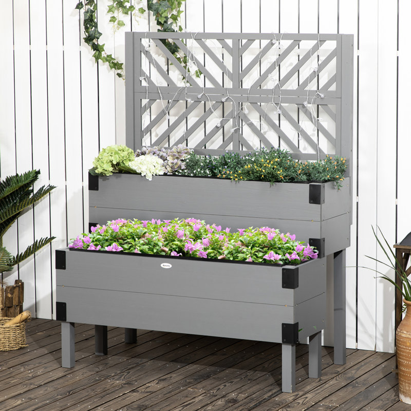 2 lits de jardin en bois avec treillis, gris - remplissez vos légumes, fleurs, coins en métal d'herbes, bon système de drainage