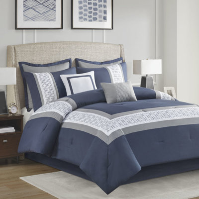 8 Piece Queen Comforter - Navy Embroidered Bedding Comforter, , Shams, Euro Decorative Pillows Elegant Transitional Style Machine Washable 8 Details Includes 2 Wrinkle- Steam Iron For Easy Care