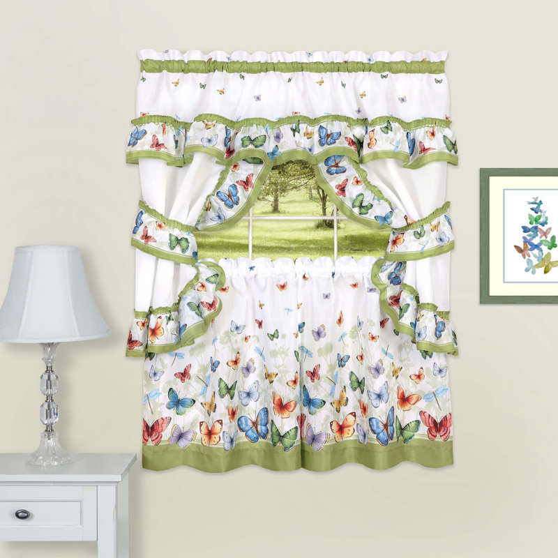White and Green Butterfly Polyester Kitchen Tier Curtain Set