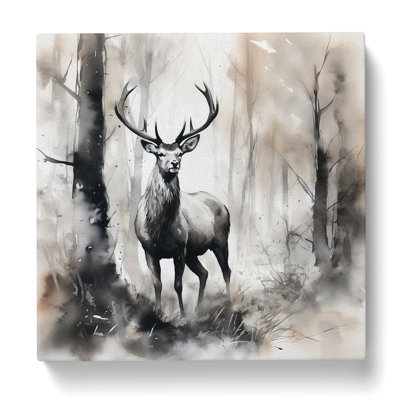 Stag in a Forest Ink No.2 - Wrapped Canvas - Framed Print