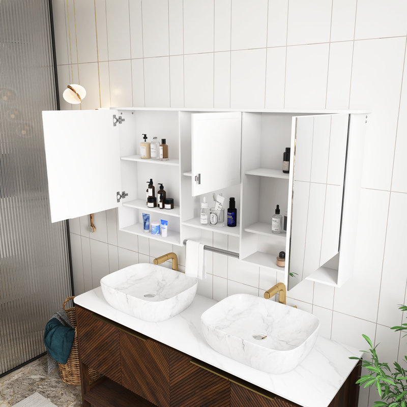 Armoire à miroir murale 3-en-1 de 55 po en MDF blanc de haute qualité avec tablette réglable, charnières à fermeture en douceur, pour meuble-lavabo de salle de bain, salon, rangement de chambre à coucher