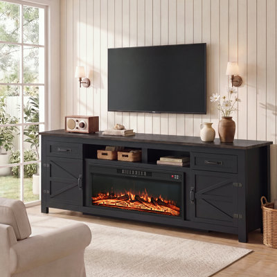 70" Farmhouse Wood TV Stand with Electric Fireplace, Spacious Storage Drawers & Cabinets, Fits TVs Up to 80",Black