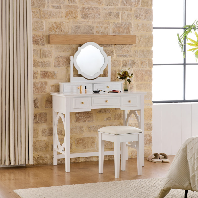 Space-Saving Makeup Vanity Set with Reversible Mirror & Stool - Dressing Table with 5 Drawers