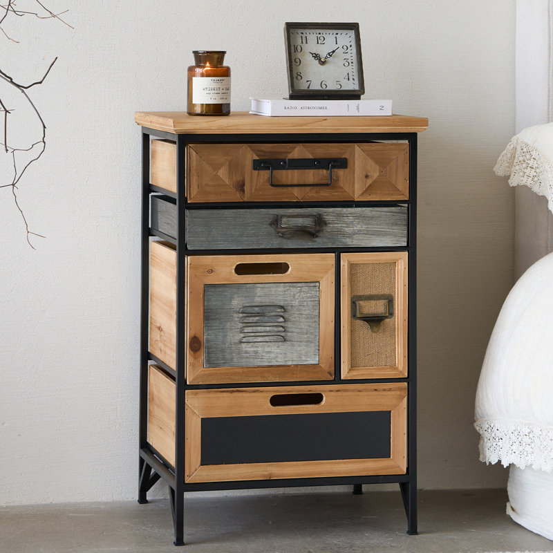Armoire d'appoint à 5 tiroirs, table d'appoint en bois massif 17 po x 27 po avec parquet en bois récupéré