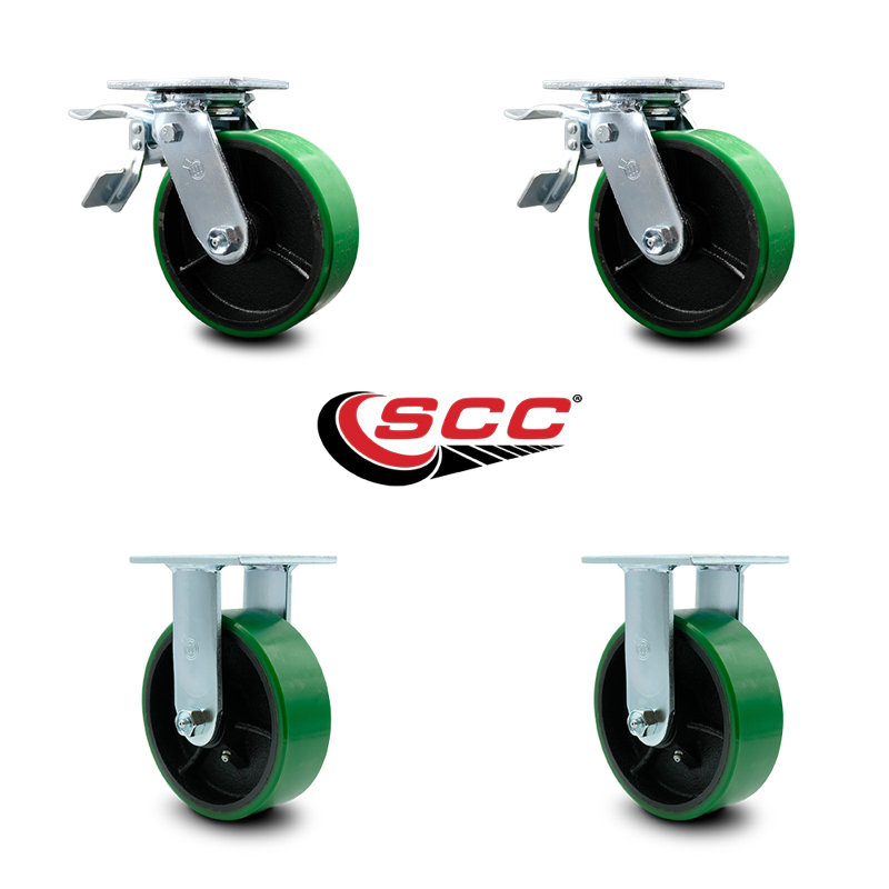 Ensemble de roulettes 6 po en fonte avec roulements à rouleaux 2 freins 2 rigides, Vert