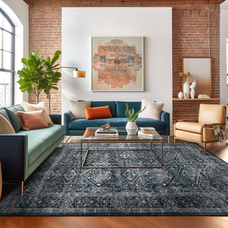 Tapis transitionnel bohémien délavé et antidérapant, Rectangle 5 pi x 7 pi