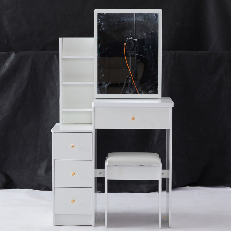 Petite coiffeuse 29,2 po avec tabouret de chevet gauche + tabouret rembourré, très grand miroir coulissant à droite, rangement multi-couches grande capacité, commode pratique et pratique, convient aux petits espaces