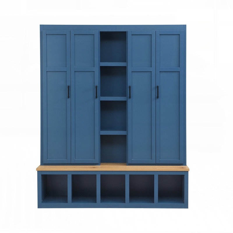Farmhouse 4-in-1 Hall Tree with 6 Hooks, Storage Bench, and Shoe Cabinet for Entryway, Living Room, Blue